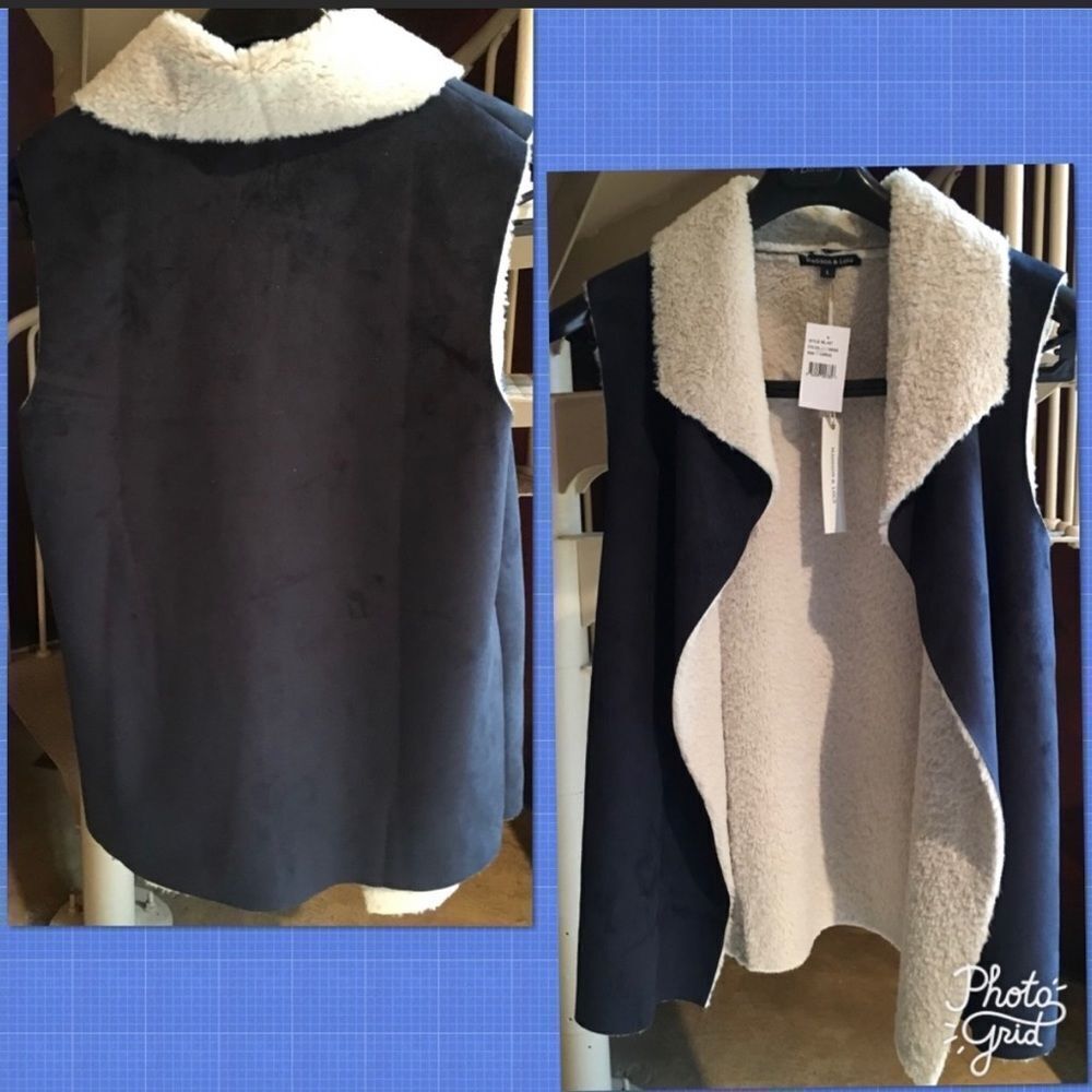 Madison & Love NAVY CREAM FAUX SHEARLING SHAW COLLAR SLEEVELESS VEST, Large